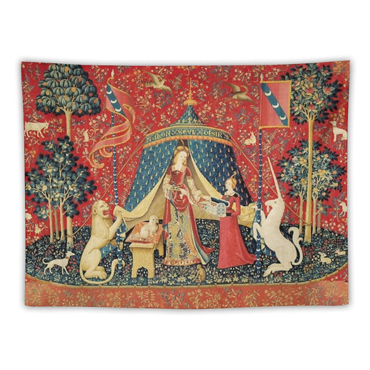 LADY AND THE UNICORN DESIRE ,Lion,Fantasy Flowers,Animals,Red Green Floral Tapestry Tapestry