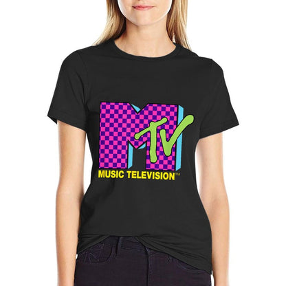 MTV Music Television Retro 80's Neon Pink Checkerboard Logo  Breathable T-Shirt