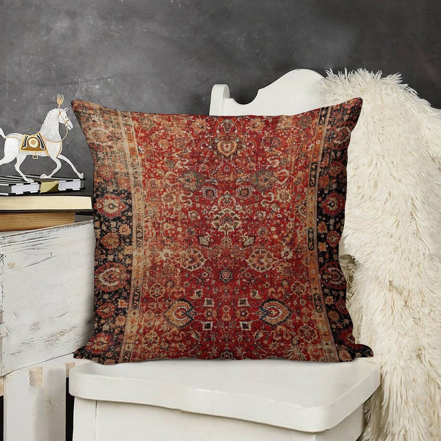 17th Century Afghanistan Rug Print Linen Throw Pillow Cover