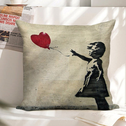 Banksy's Girl with A Red Balloon III Linen Throw Pillow Cover