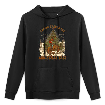 Rockin Around Christmas Cowboy Tree Santa Ride Horse Pajama Sweatshirt Customizable Surface Hoodie
