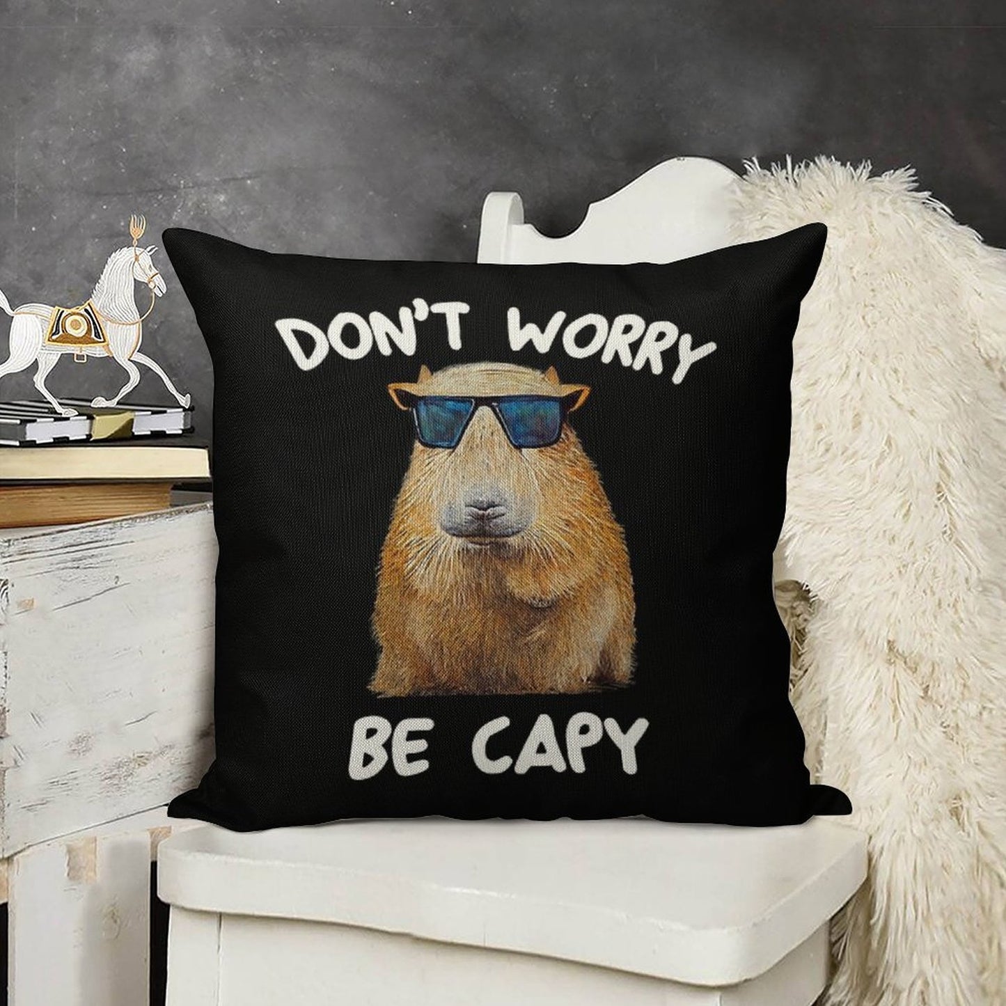 Funny Capybara Dont Worry Be Capy Funny Rodent Linen Throw Pillow Cover