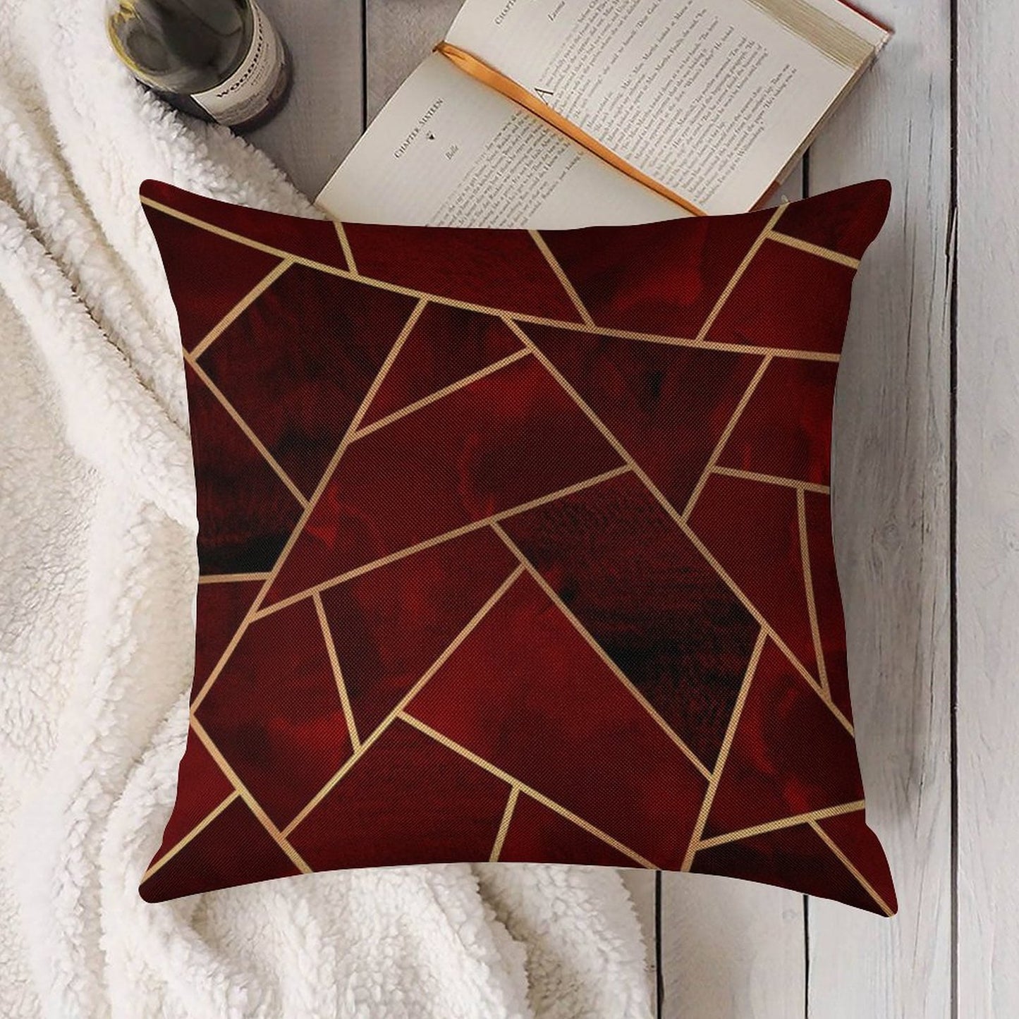 Red & Gold Geo Linen Throw Pillow Cover