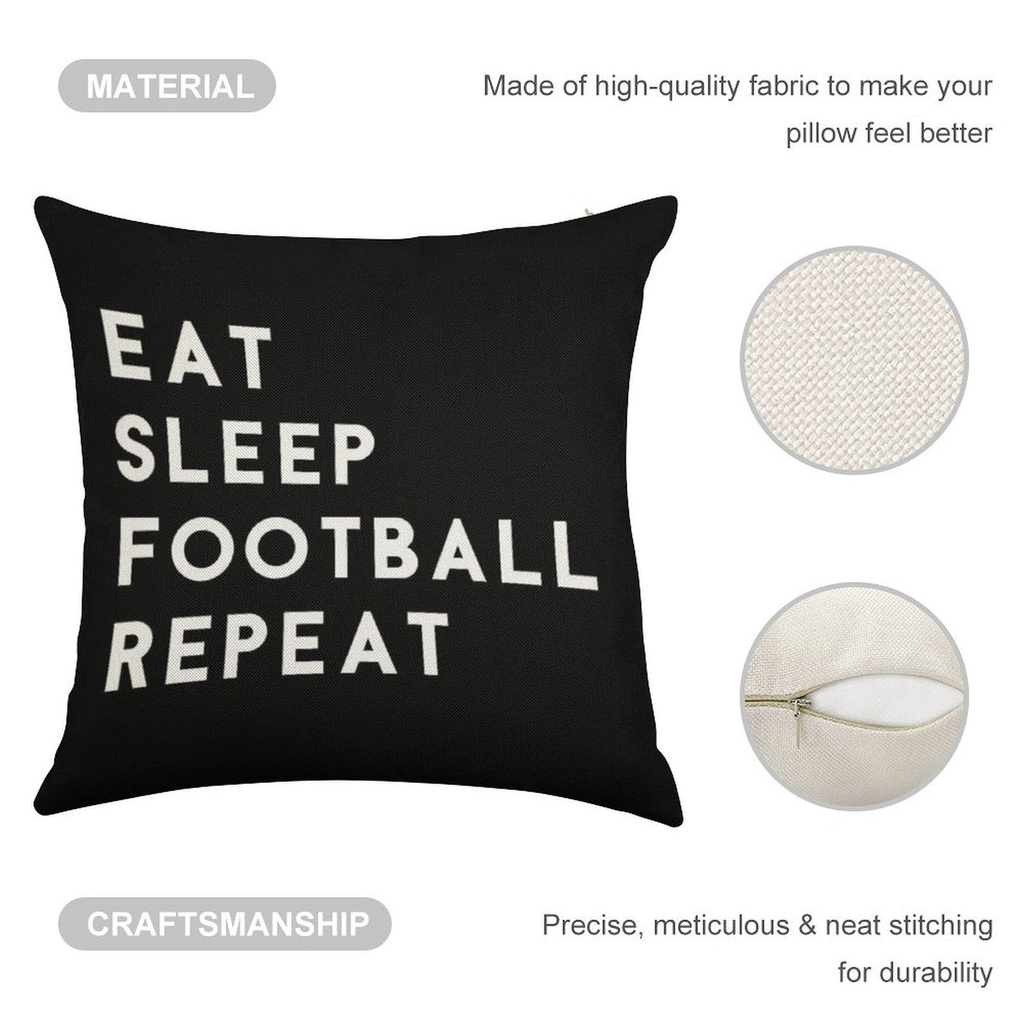 Eat Sleep Football Repeat Linen Throw Pillow Cover