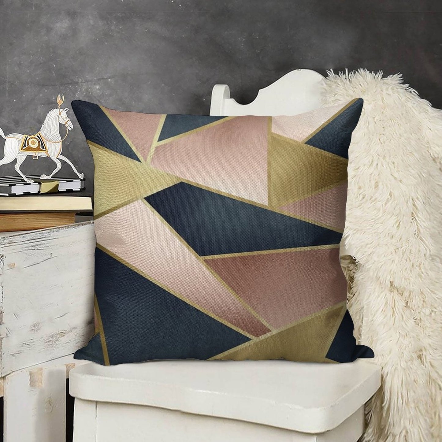 Geometric, Rose Gold, Pink, Gold And Navy Blue, Abstract, Pattern Linen Throw Pillow Cover