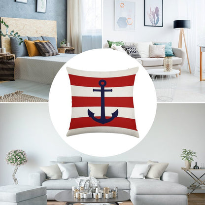 Nautical Navy Blue Anchor On Red Stripes Linen Throw Pillow Cover