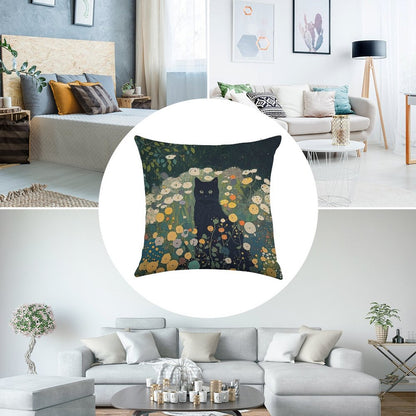 Cat in Klimt Garden Inspiration Linen Throw Pillow Cover