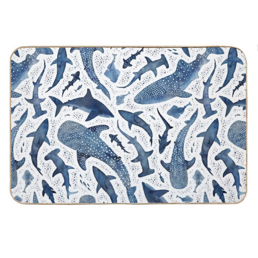 Monochrome Blue Watercolour Shark Ocean on White Bath Mat