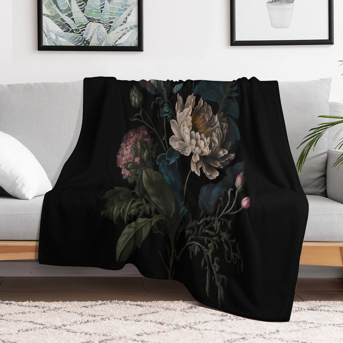 Dark Academia Peony Botanical Throw Blanket