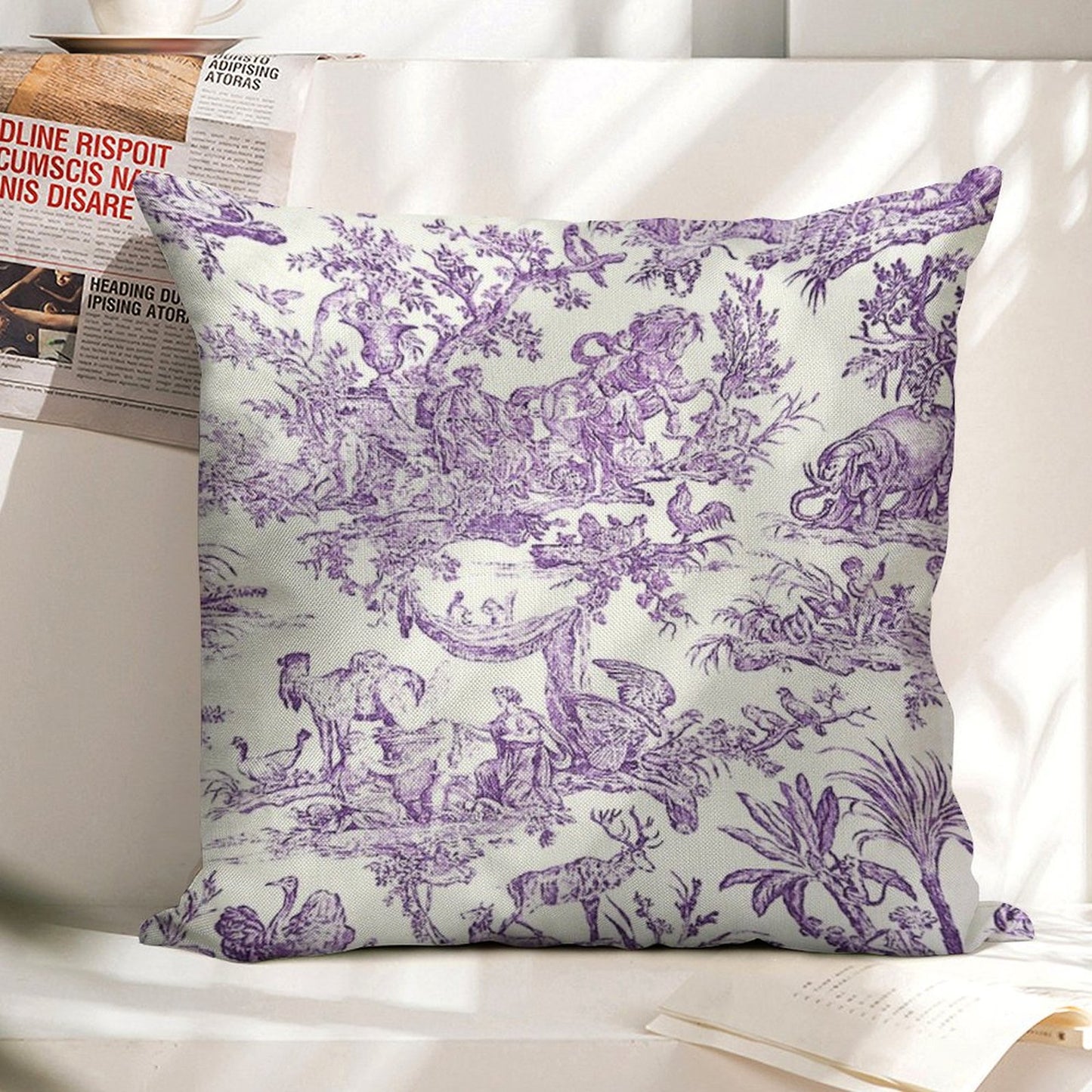 Purple Toile - French Countryside - English Linen Throw Pillow Cover