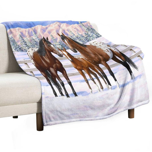 Bay Appaloosa Quarter Horses In Winter Snow Throw Blanket