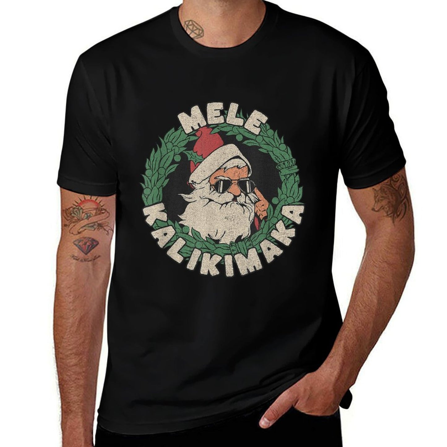 Mele Kalikimaka with Santa  Rolled Sleeves T-Shirt
