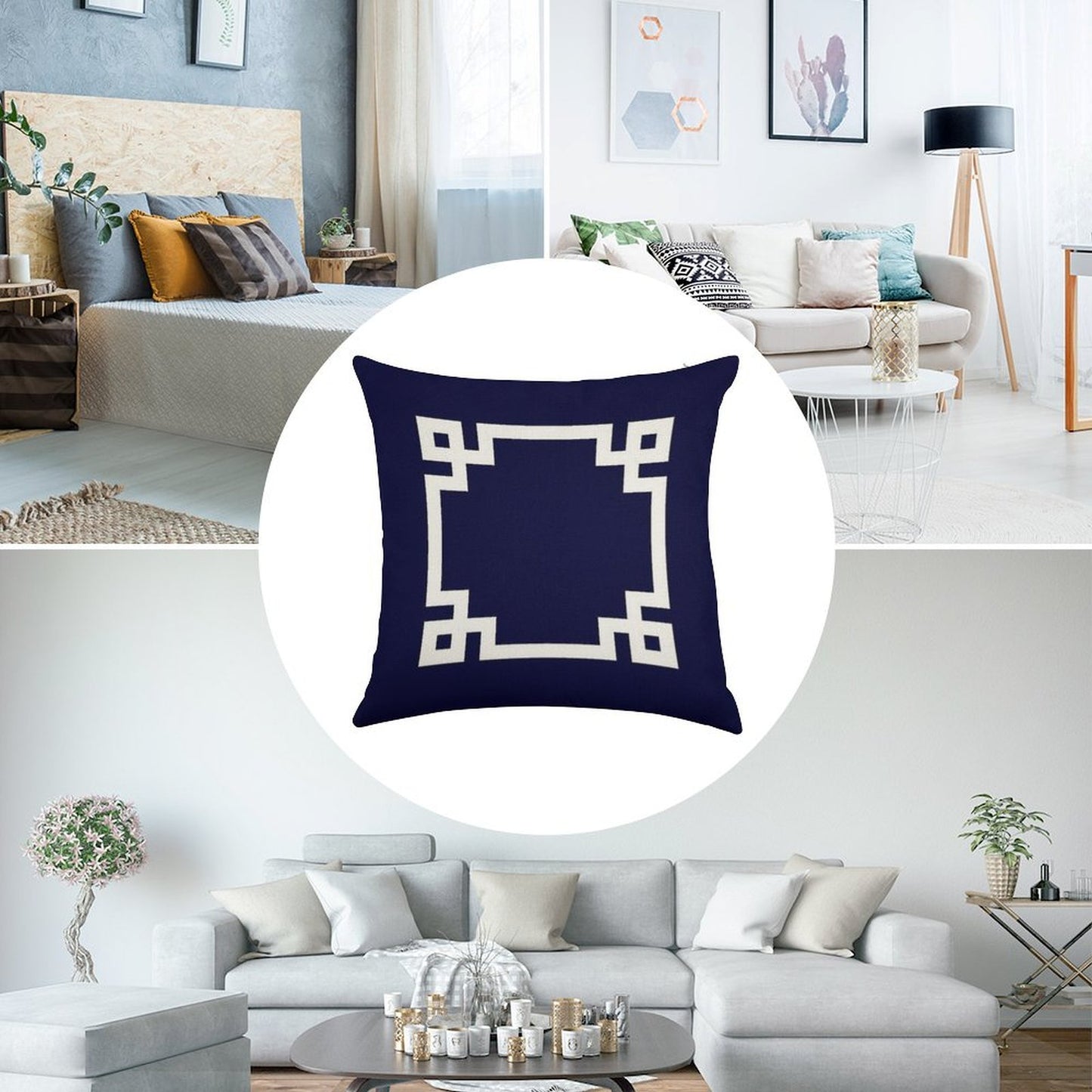 Greek Key Square White On Navy Blue Linen Throw Pillow Cover