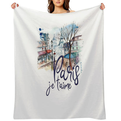 Paris Je T'aime Watercolor Calligraphy Art - France Souvenir Gifts Throw Blanket