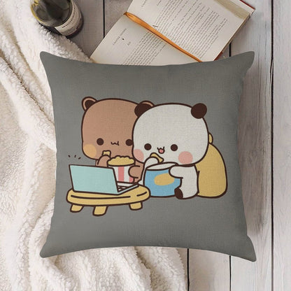 DuDu Bear And BuBu Panda Watching Movie Together❤️ Linen Throw Pillow Cover