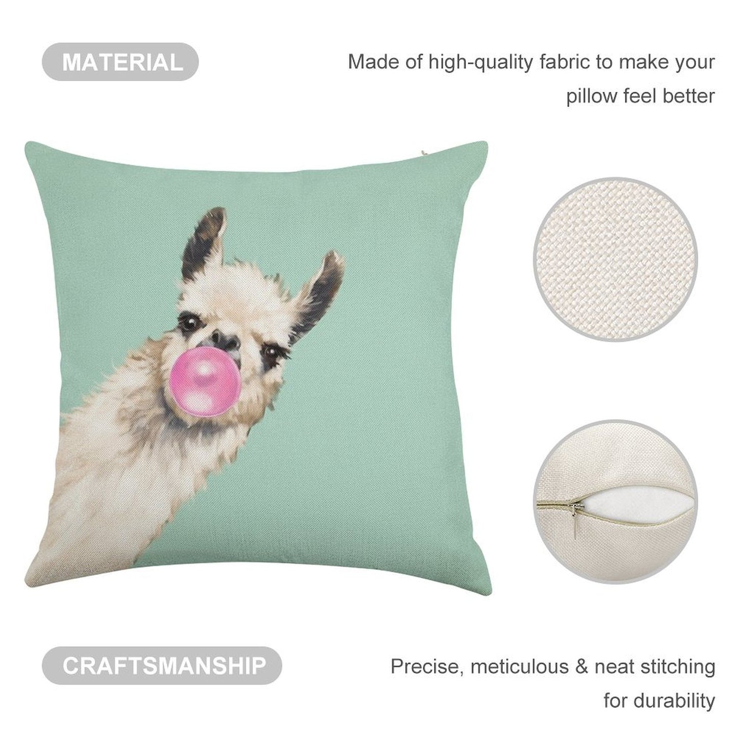 Bubble Gum Sneaky Llama in Green Linen Throw Pillow Cover