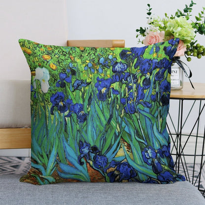 Van Gogh HDR Garden Irises Linen Throw Pillow Cover