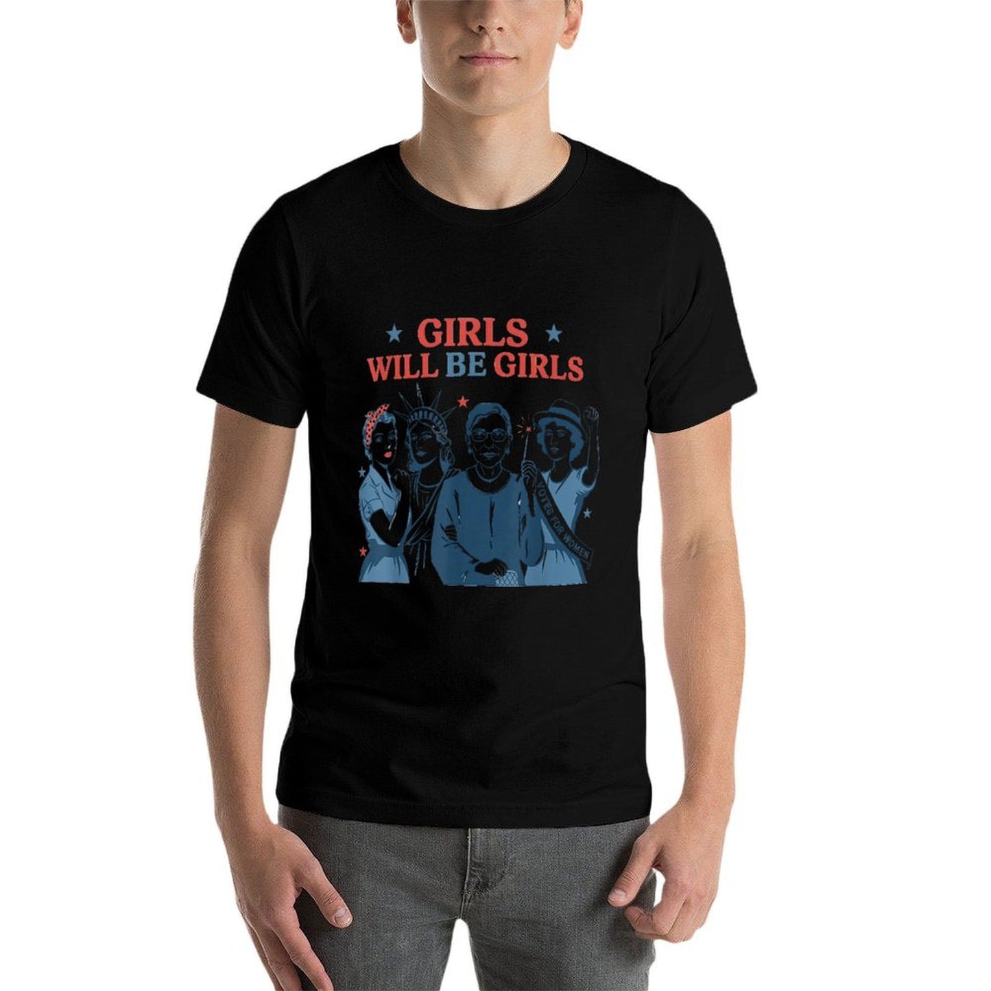 Girl Will Be Girls Patriotic Feminist 4th Of July USA  Ribbed Collar T-Shirt