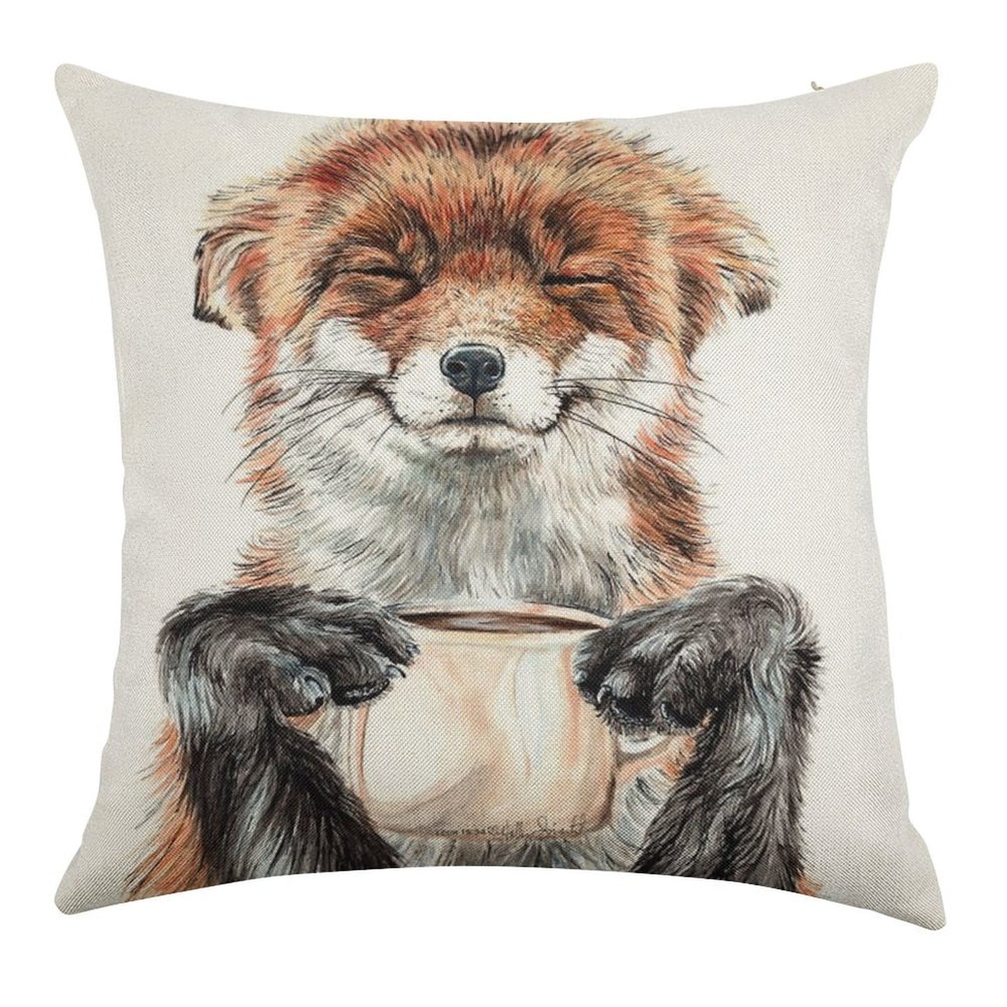 Morning Fox - Cute Coffee Animal Linen Throw Pillow Cover