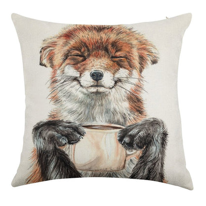 Morning Fox - Cute Coffee Animal Linen Throw Pillow Cover