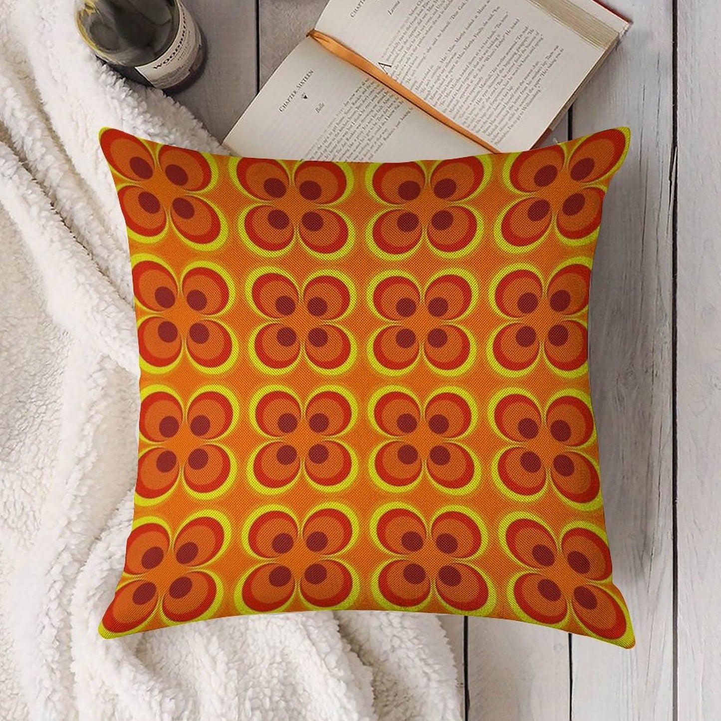 1970s Burnt Orange Retro Design Linen Throw Pillow Cover