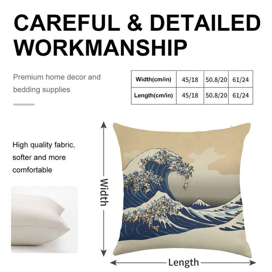 The Great Wave of Pugs Vanilla Sky Linen Throw Pillow Cover