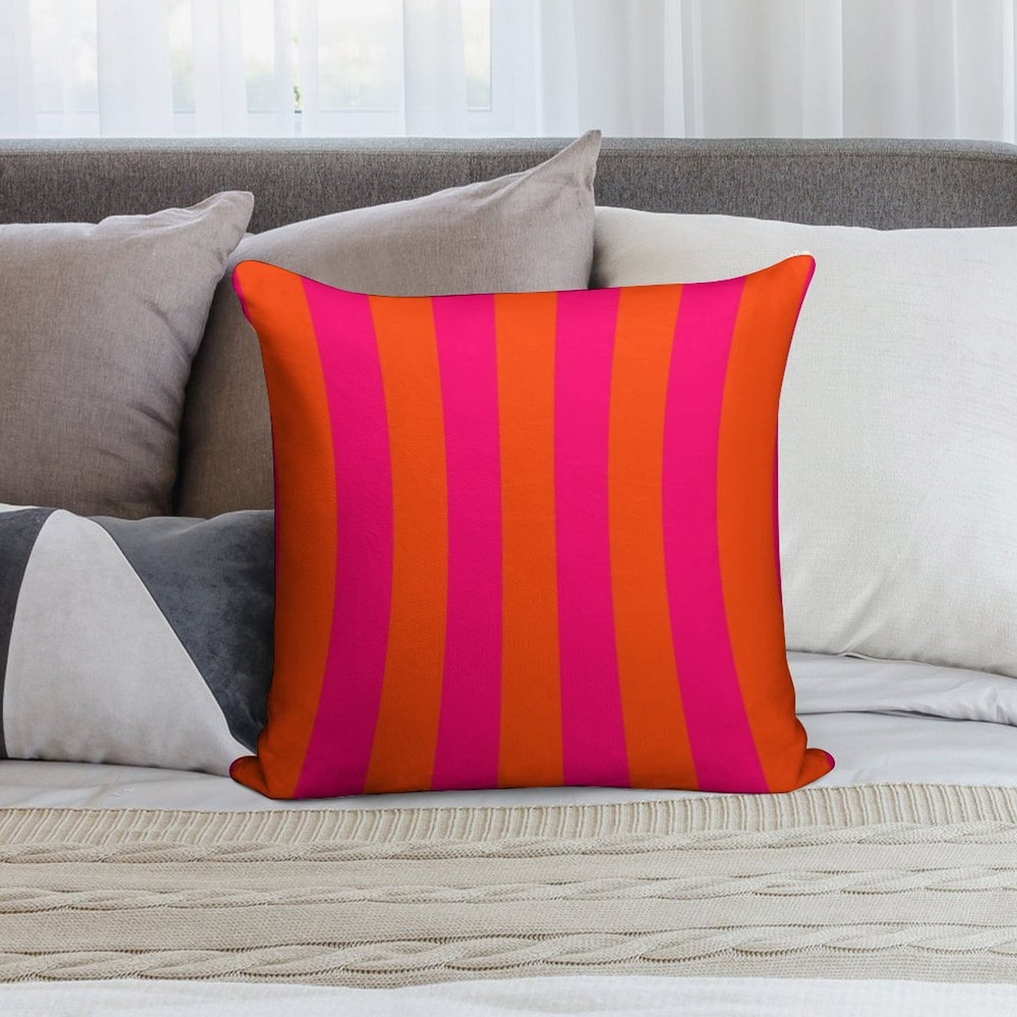 Bright Neon Pink And Orange Vertical Cabana Tent Stripes Soft Easy Maintenance Throw Pillow