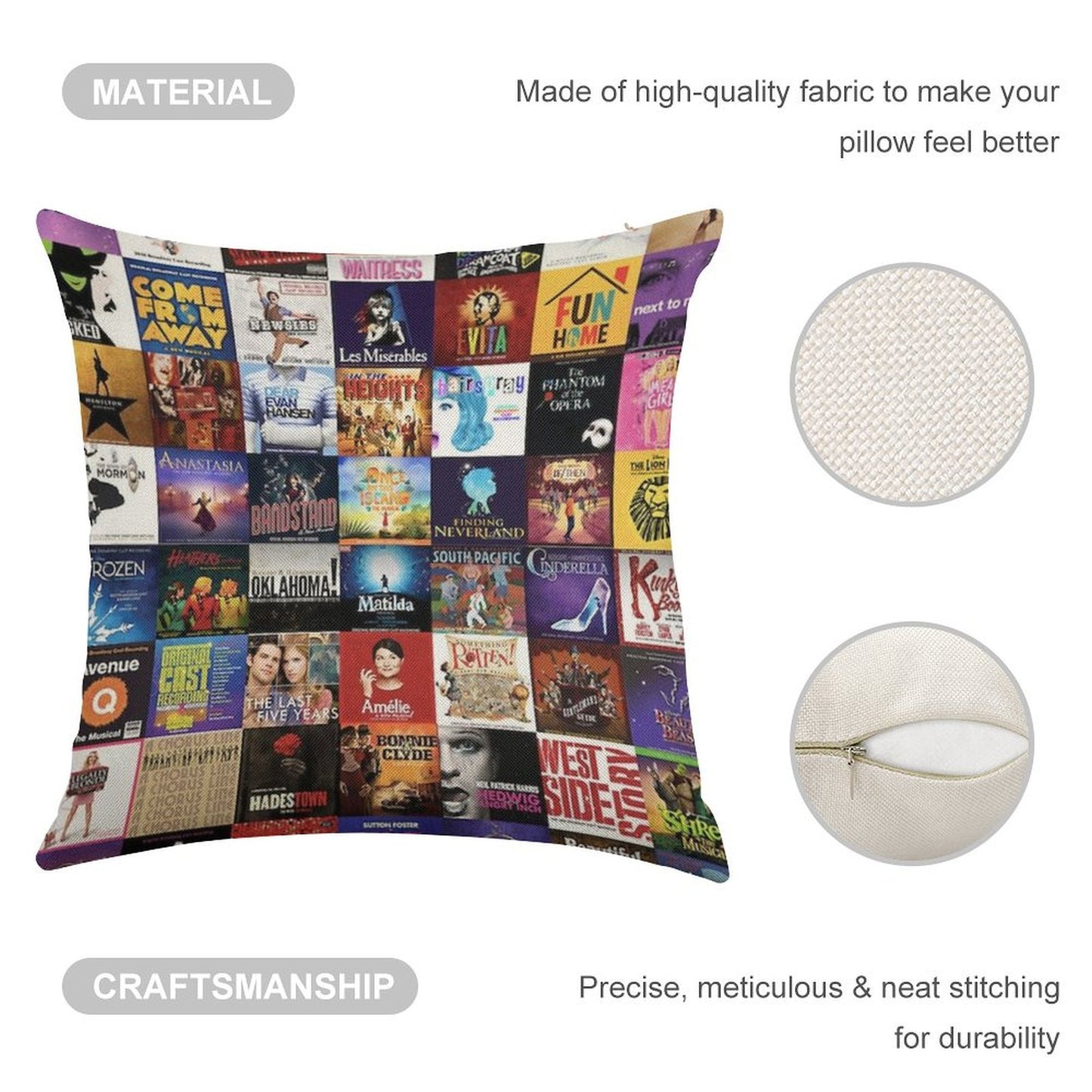 Musicals Collage Linen Throw Pillow Cover