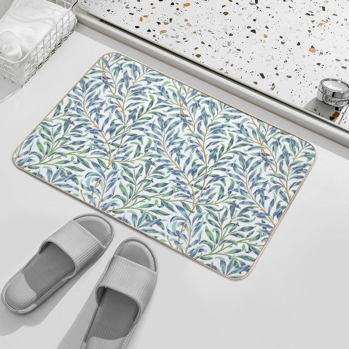 Willow Bough by William Morris - Seamless-  Blue And Green Leaves on Off White Background Bath Mat