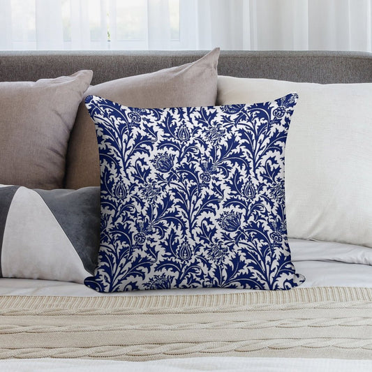William Morris Thistle Damask, Navy Blue And White Soft Reinforced Edging Throw Pillow