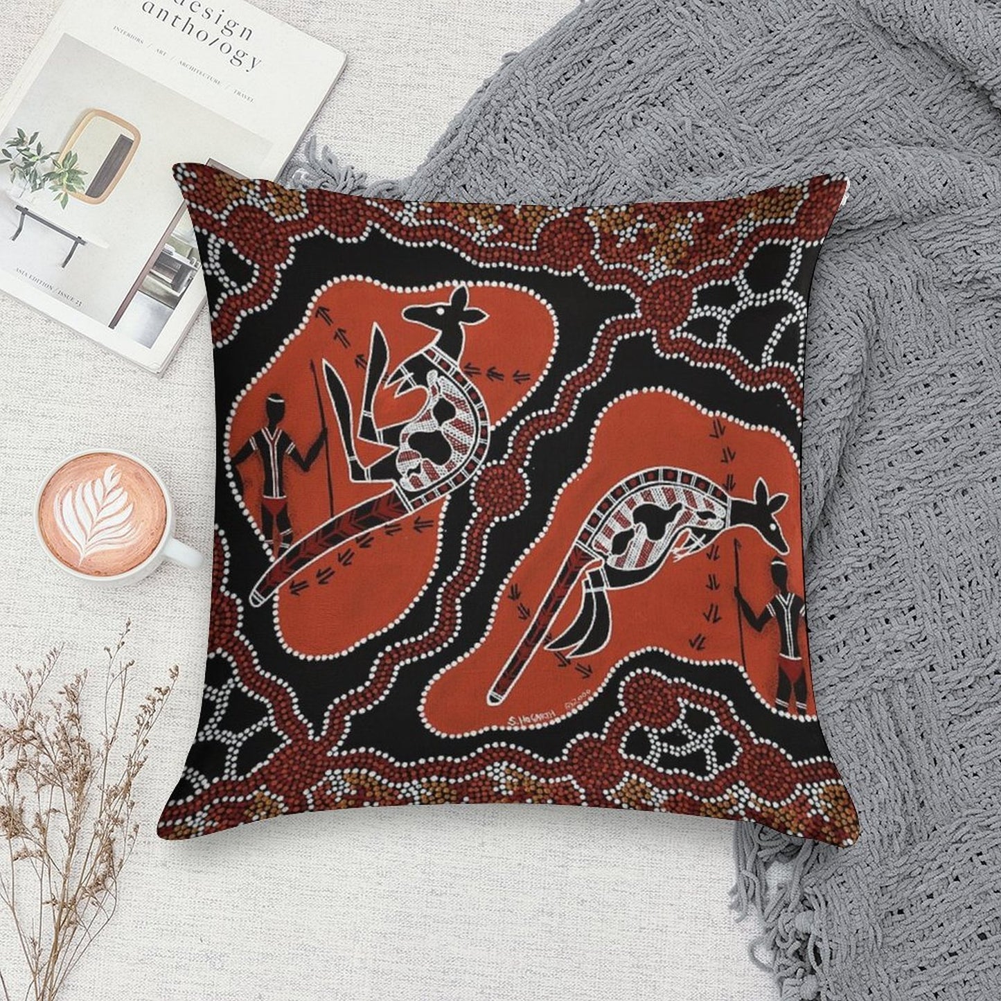 Authentic Aboriginal Art -  Men Kangaroo Hunting Soft Fade-Resistant Throw Pillow