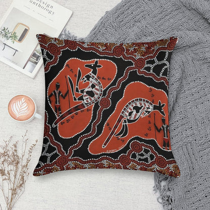 Authentic Aboriginal Art -  Men Kangaroo Hunting Soft Fade-Resistant Throw Pillow