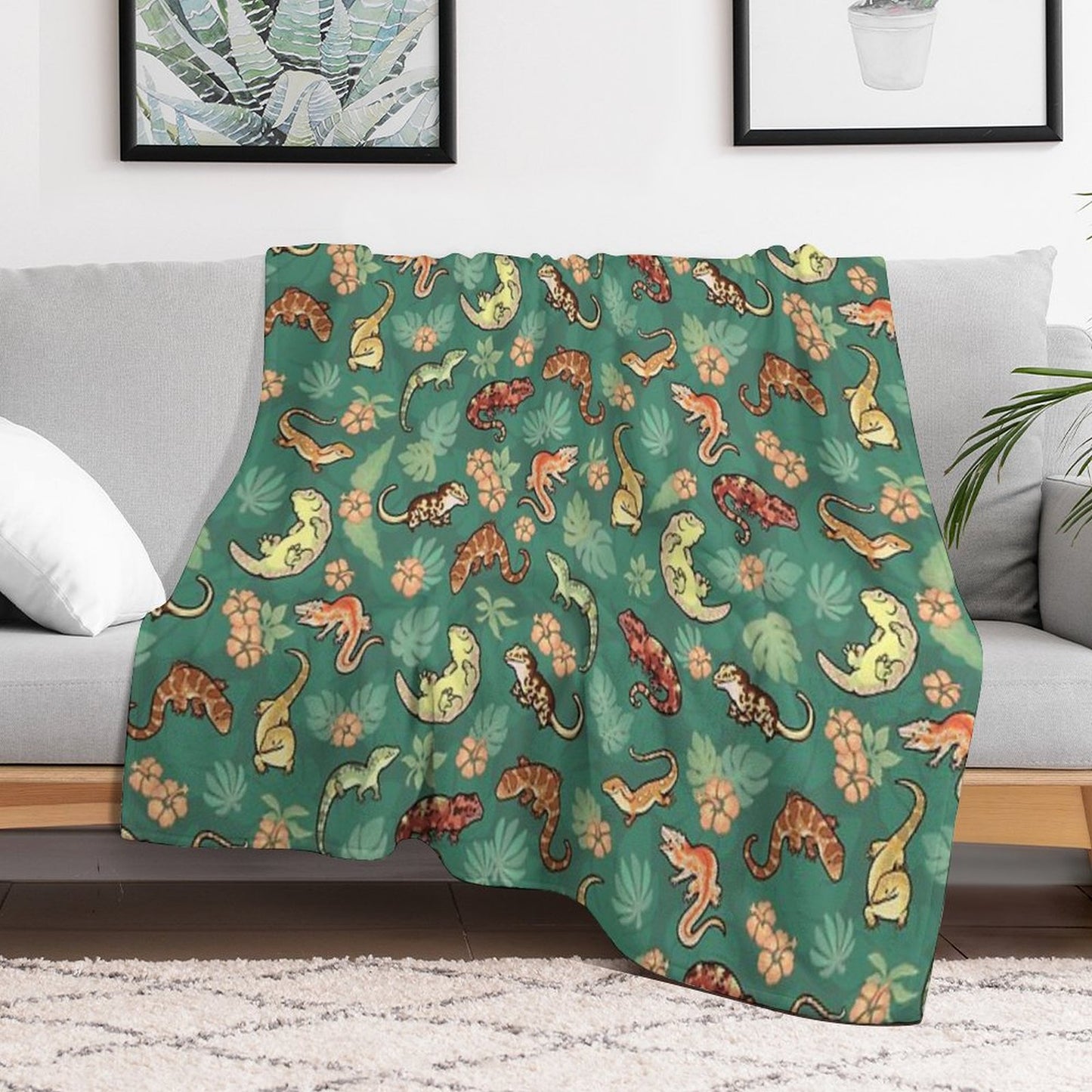 Gecko Family in Green Throw Blanket