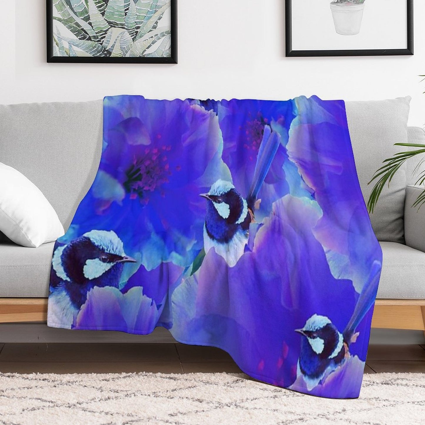 Bluetiful - Spot The Wren - Blossom Floral & Blue Wren Behind Black Throw Blanket