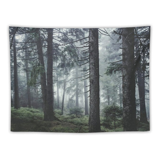 Path Vibes  Wild Romantic Misty Retro Fall Wilderness Fairytale Forest With Cascadia Trees Covered In Magic Blue Fog Season Tapestry