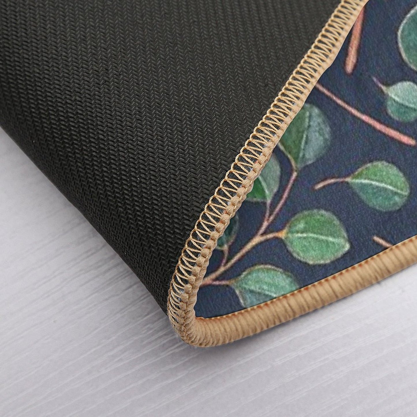 Simple Silver Dollar Eucalyptus Leaves on Navy Blue Bath Mat