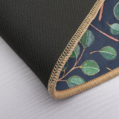 Simple Silver Dollar Eucalyptus Leaves on Navy Blue Bath Mat