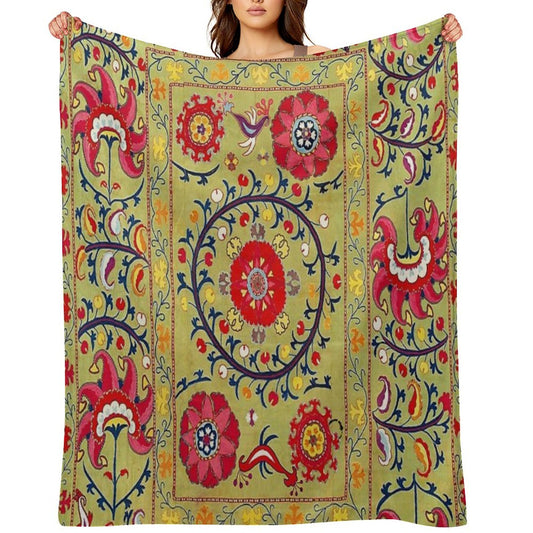 Lakai Suzani Uzbekistan Floral Embroidery Print Throw Blanket