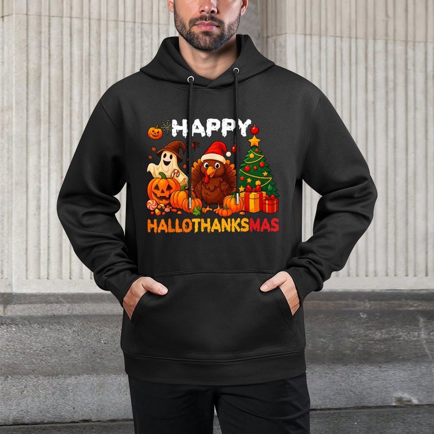 Happy Hallothanksmas Halloween Thanksmas Holiday Season Adjustable Hood Hoodie