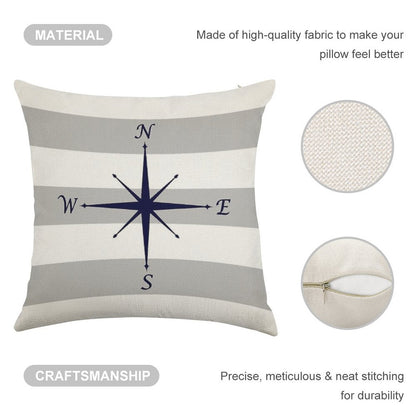 Nautical Navy Blue Compass On Silver Gray And White Stripes Linen Throw Pillow Cover