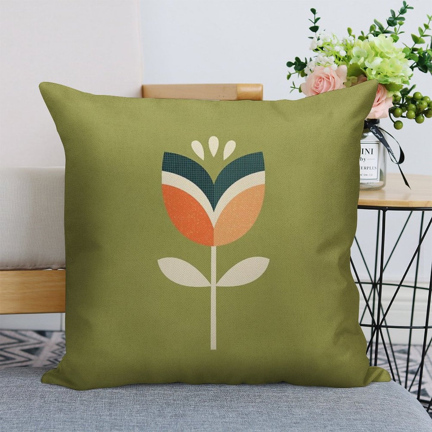 Retro Tulip - Orange And Olive Green Linen Throw Pillow Cover