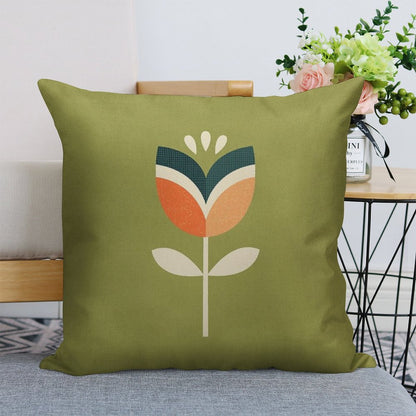 Retro Tulip - Orange And Olive Green Linen Throw Pillow Cover