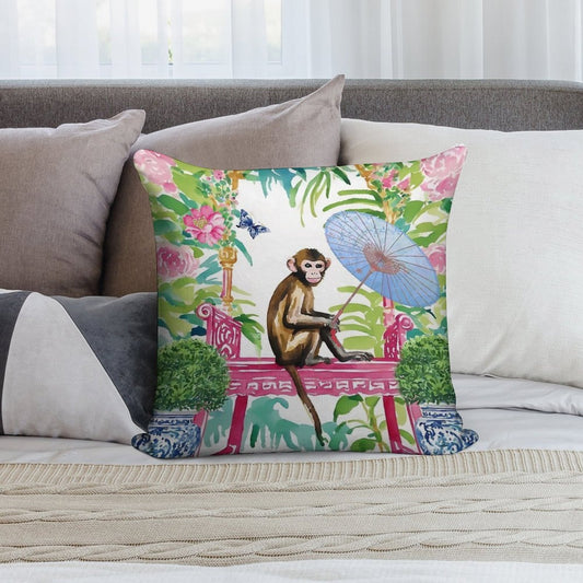 Monkey in Chinoiserie Garden Soft Washable Throw Pillow