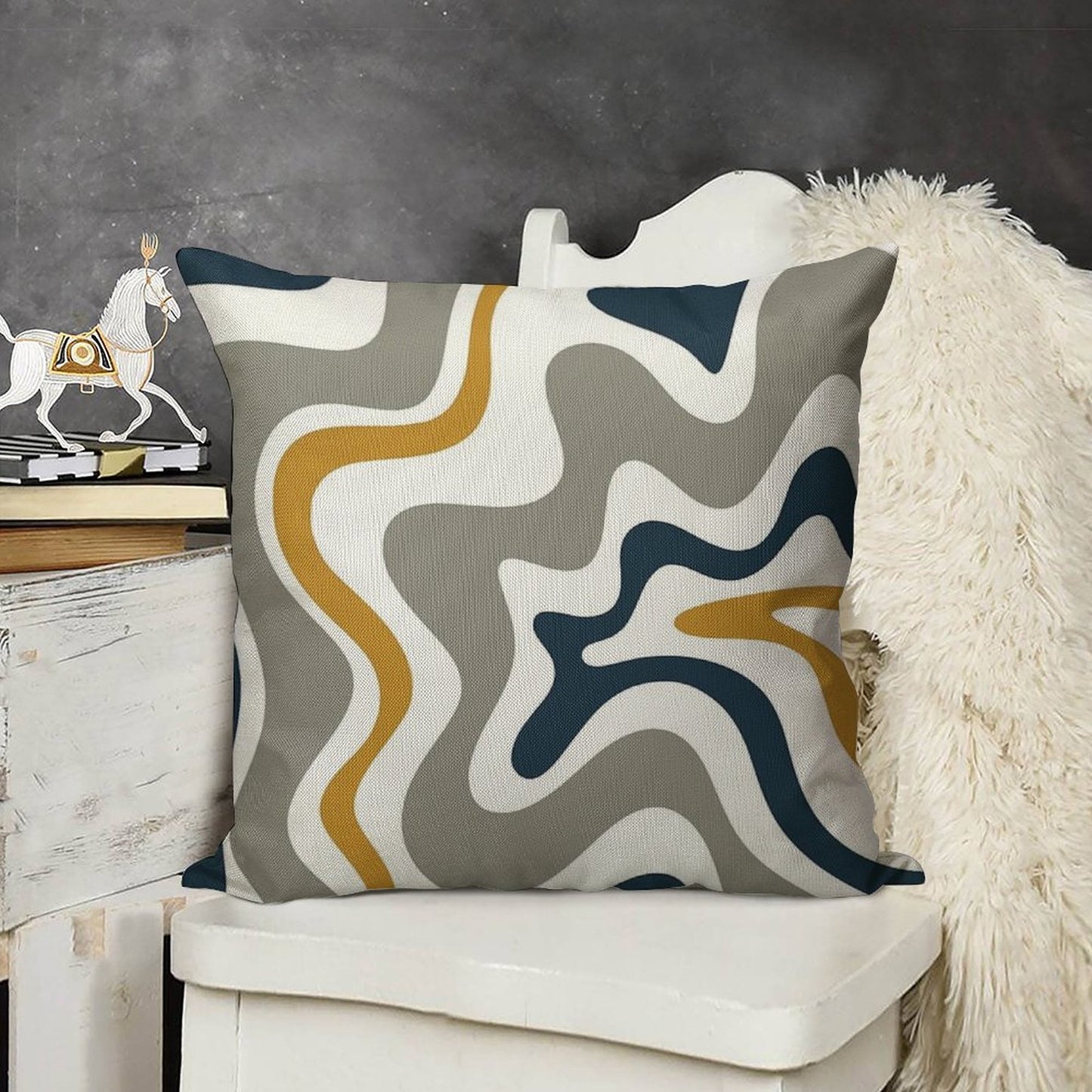 Liquid Swirl Contemporary Abstract in Mustard Yellow, Navy Blue, Grey, And White Linen Throw Pillow Cover