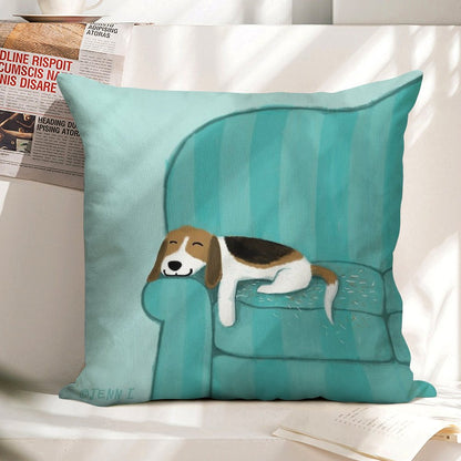 Happy Couch Dog  Cute Beagle Linen Throw Pillow Cover
