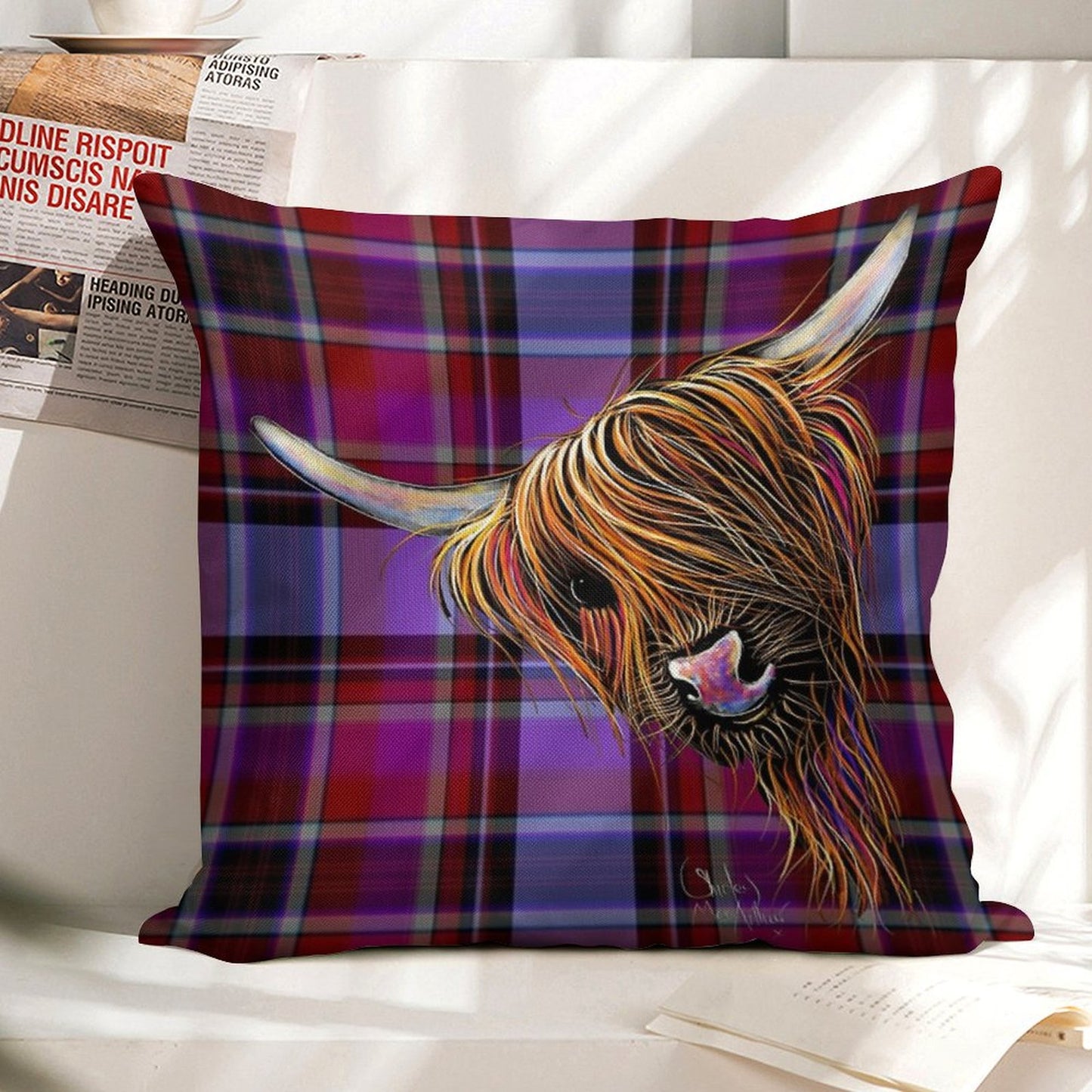 SCoTTiSH HiGHLaND CoW ' TaRTaN NooDLeS P ' by SHiRLeY MacARTHuR Linen Throw Pillow Cover