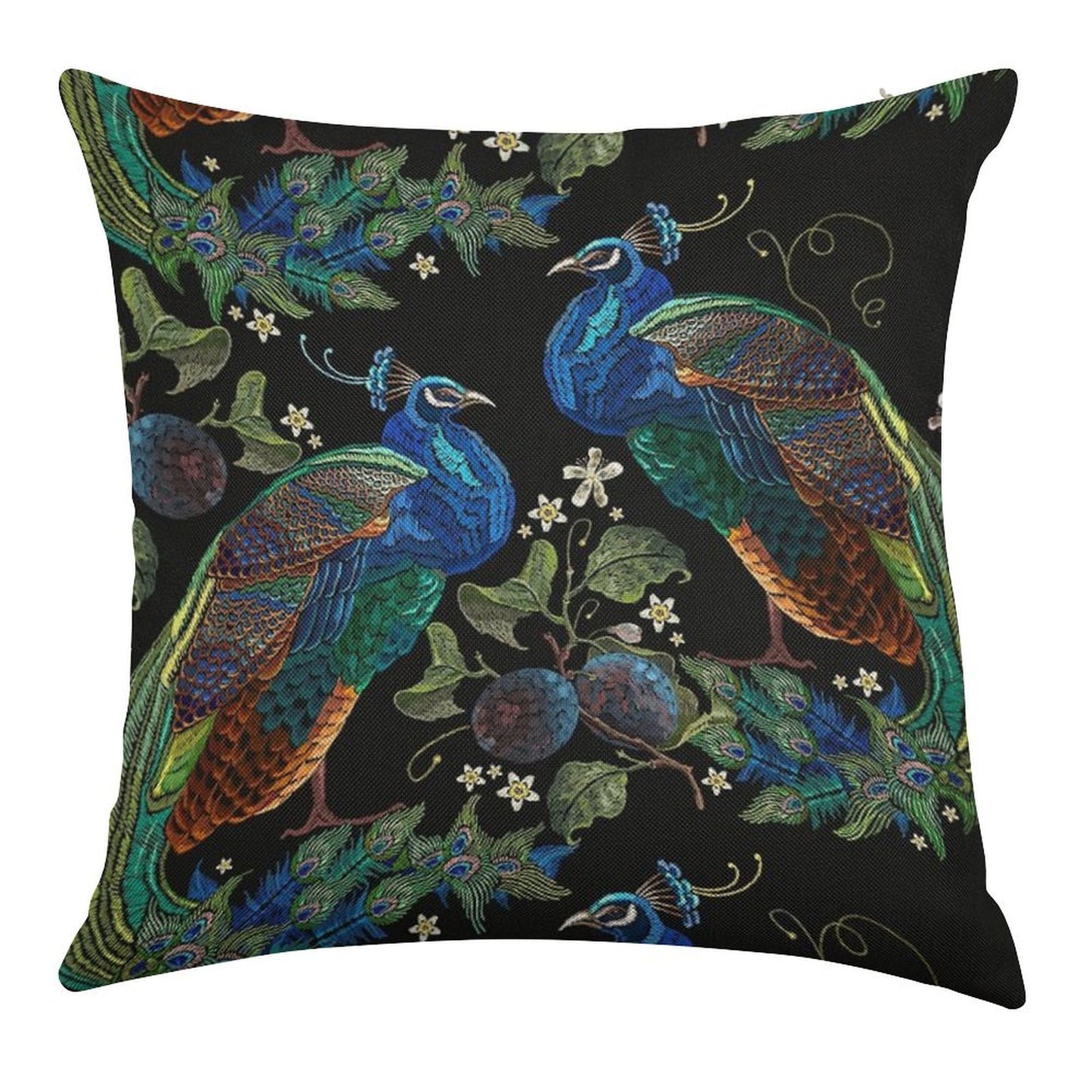 Embroidery Peacocks Linen Throw Pillow Cover