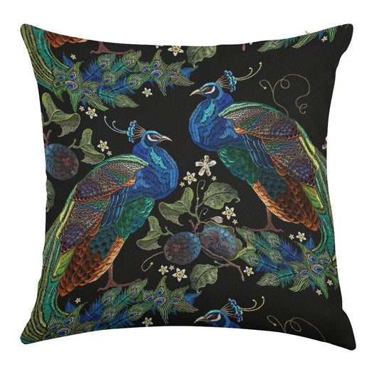 Embroidery Peacocks Linen Throw Pillow Cover