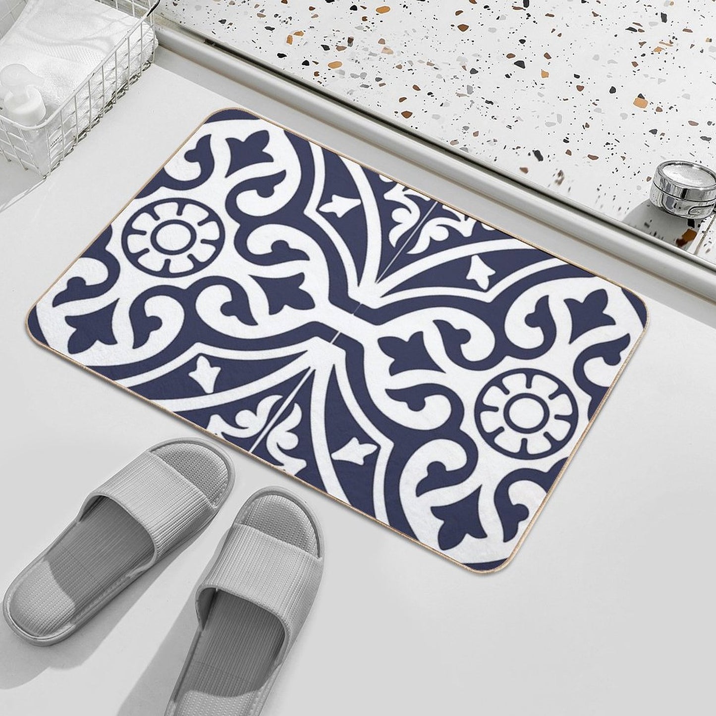 Hamptons Blue And White Moroccan Talavera Tile Bath Mat