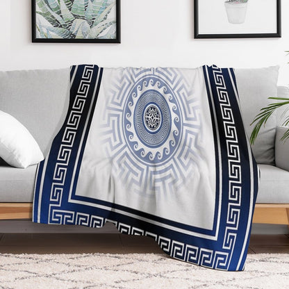 Greek Key Meander Blue White Silver Throw Blanket